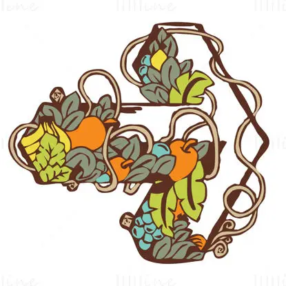 Tropical right arrow icon with transparent axis in the center, earth color for outline around it, and tropical jungle color palette for the items and leaves or fruit as elements inside the shape formation of the arrow
