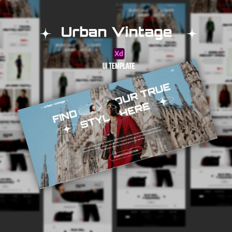 Modelo de interface do usuário do site de venda de panos vintage urbanos - UI Adobe XD