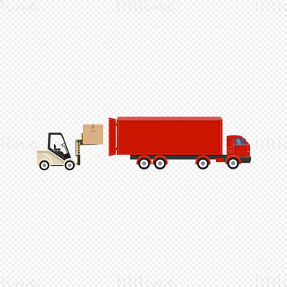 Vector forklifts and container trucks loading goods