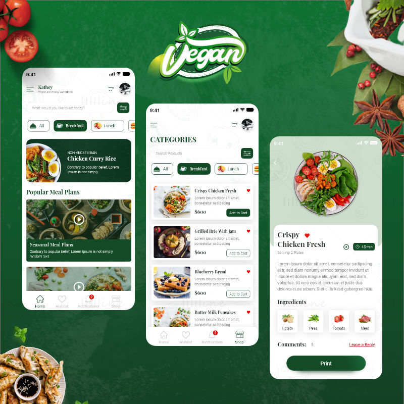 Aplicația Vegan Meal Plan - Adobe XD Mobile UI Kit