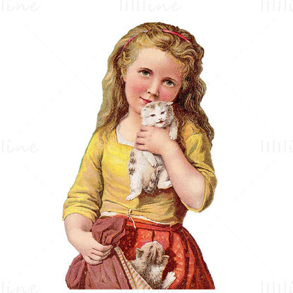 Vintage girl kitten painting png