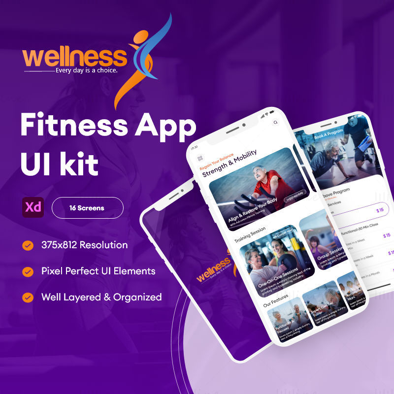 Wellness Fitness alkalmazás – Adobe XD Mobile UI Kit