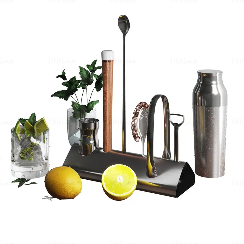 Williams Sonoma Signature Bar Tool Set 3d model with Stand & Cocktail Shaker