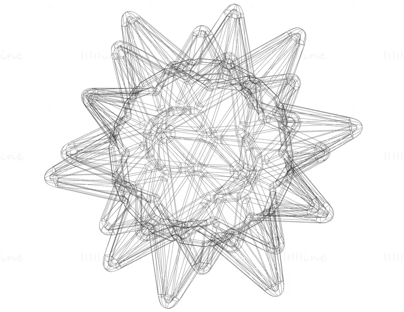 Modello di stampa 3D con icosaedro troncato stellato a forma di wireframe