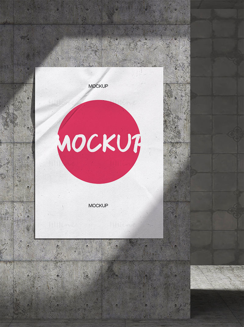 Wrinkled poster on the wall mockup